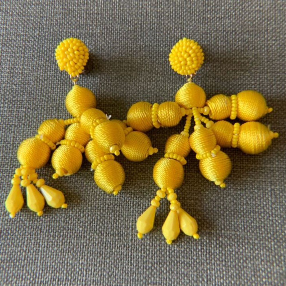 Yellow Beaded and Yarn Dangle Earrings
